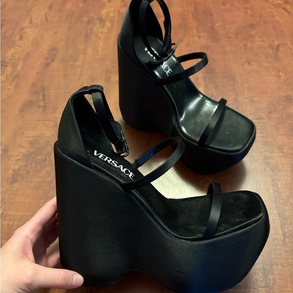 Versace Black Platform Wedge Sandals